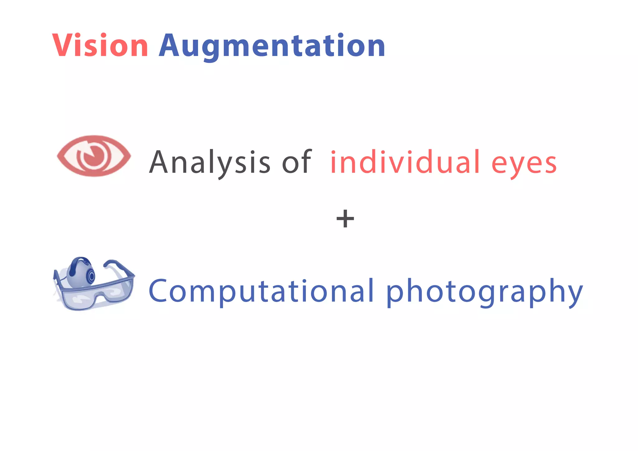 Vision Augmentation
Analysis of individual eyes
Computational photography
+
 