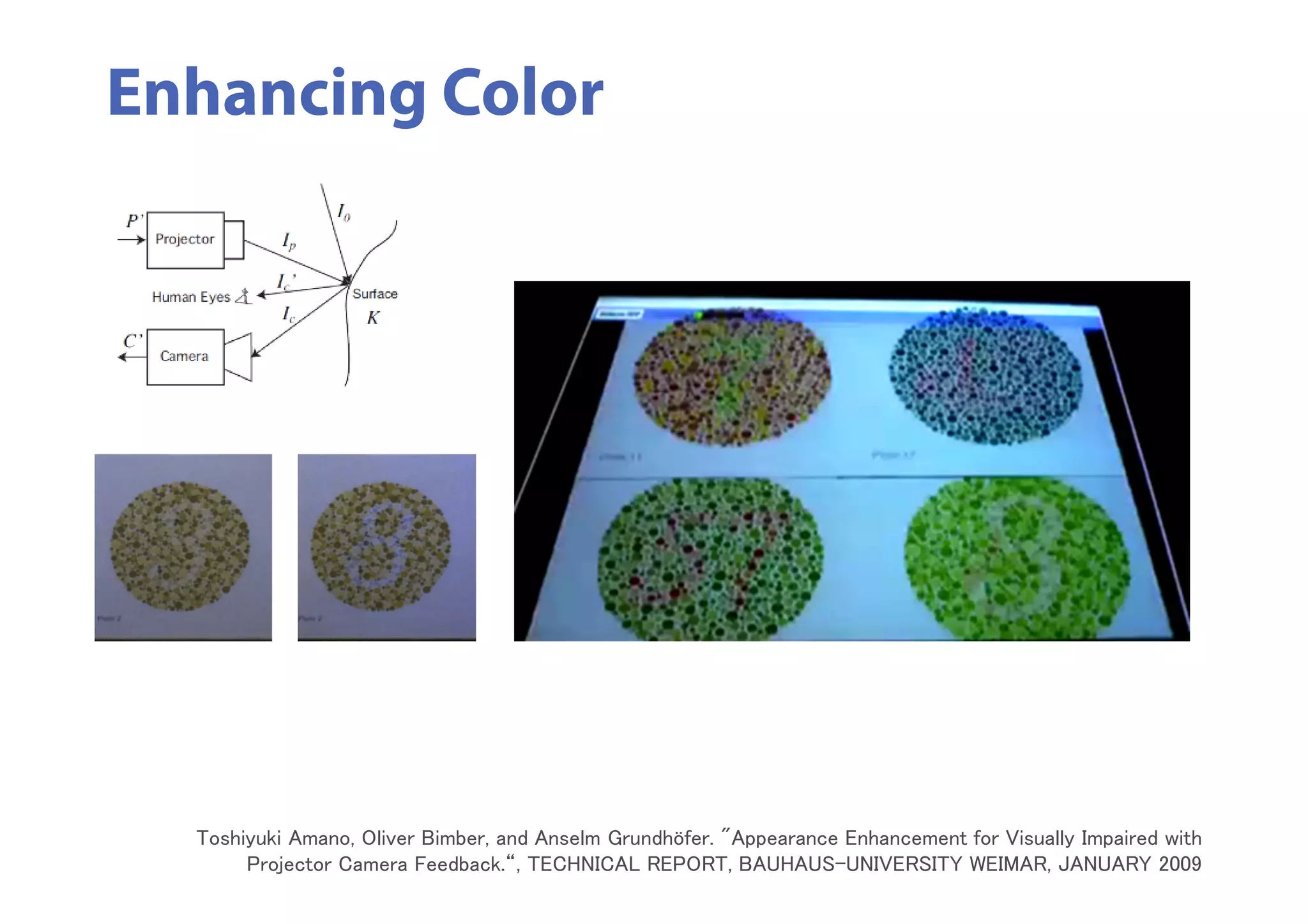 Enhancing Color
Toshiyuki Amano, Oliver Bimber, and Anselm Grundhöfer. "Appearance Enhancement for Visually Impaired with
Projector Camera Feedback.“, TECHNICAL REPORT, BAUHAUS-UNIVERSITY WEIMAR, JANUARY 2009
 