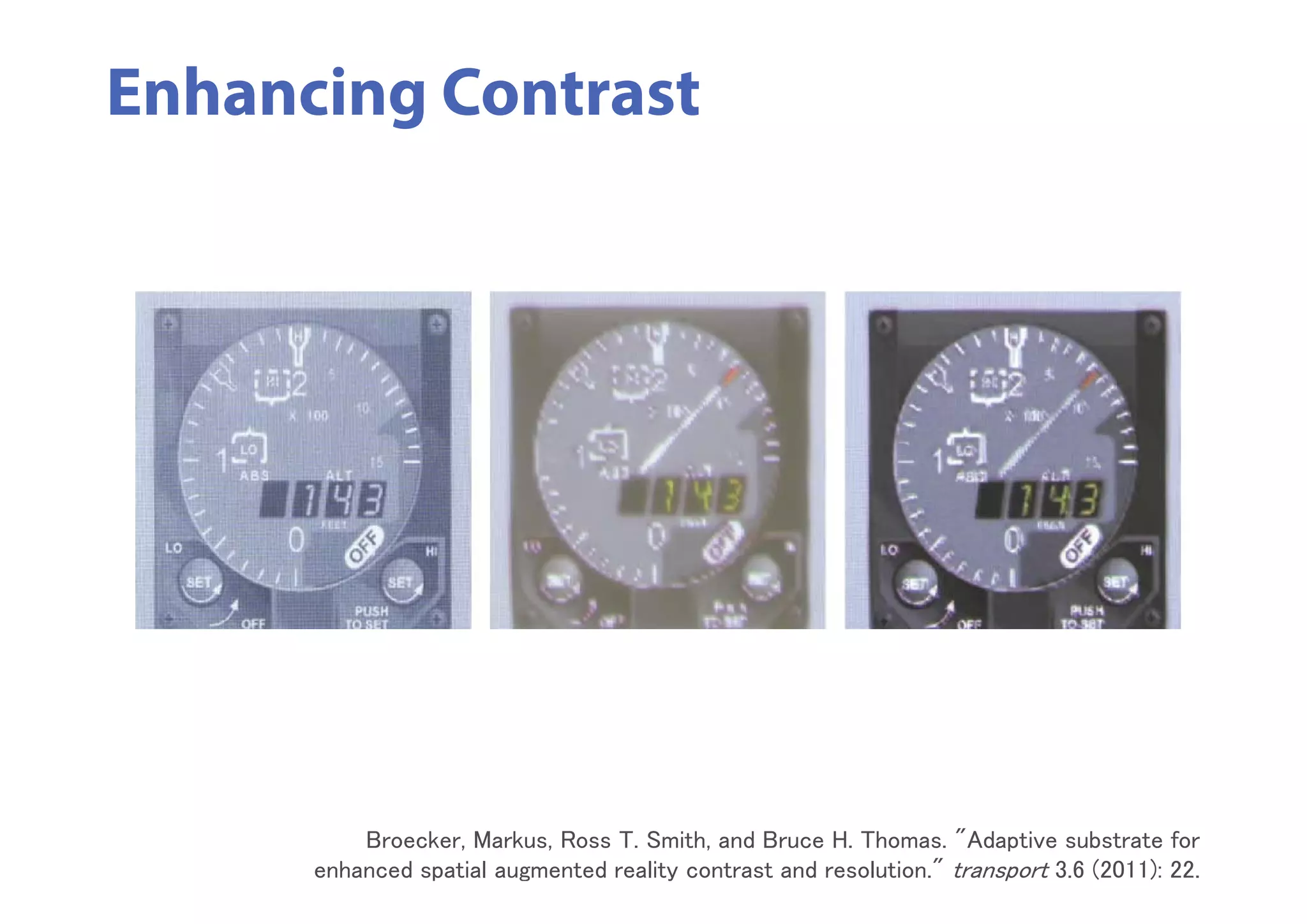 Broecker, Markus, Ross T. Smith, and Bruce H. Thomas. "Adaptive substrate for
enhanced spatial augmented reality contrast and resolution." transport 3.6 (2011): 22.
Enhancing Contrast
 