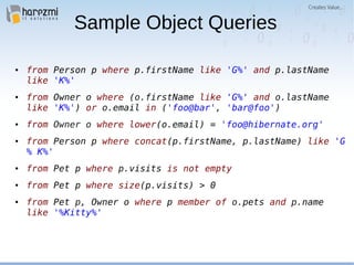 Sample Object Queries
● from Person p where p.firstName like 'G%' and p.lastName
like 'K%'
● from Owner o where (o.firstName like 'G%' and o.lastName
like 'K%') or o.email in ('foo@bar', 'bar@foo')
● from Owner o where lower(o.email) = 'foo@hibernate.org'
● from Person p where concat(p.firstName, p.lastName) like 'G
% K%'
● from Pet p where p.visits is not empty
● from Pet p where size(p.visits) > 0
● from Pet p, Owner o where p member of o.pets and p.name
like '%Kitty%'
 