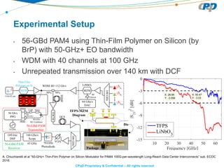 CPqD Proprietary & Confidential – All rights reserved
Experimental Setup
• 56-GBd PAM4 using Thin-Film Polymer on Silicon (by
BrP) with 50-GHz+ EO bandwidth
• WDM with 40 channels at 100 GHz
• Unrepeated transmission over 140 km with DCF
56 Gb/s
PPG
14 GHz
PRBS 6 dB
64 GSa/s
DAC
MZM
LiNbO3
MZM
1544.92 nm
Thin-Film
Polymer on Si
Delay
RF
PRBS
RF
Driver
λ1
λ2
λ39
100GHz
160 GSa/s
Scope
Off-line
DSP
DCF
SSMF
70-GHz
Photodiode
65 GHz
VOA
40-GHz
RF Combiner
Drivers
56-GBd PAM
Transmitter
WDM 40×112 Gb/s
56-GBd PAM
Receiver
TDCM
100GHz
70%30%
Frequency [GHz]
10 20 30 40 50 60
|S21
|2
[dB]
-15
-12
-9
-6
-3
0
TFPS
LiNbO3
X: 50.47
Y: -3.03
X: 28.66
Y: -3.058
TFPS-MZM
Diagram
Package
Die
A. Chiuchiarelli et al “50-GHz+ Thin-Film Polymer on Silicon Modulator for PAM4 100G-per-wavelength Long-Reach Data Center Interconnects” sub. ECOC
2016.
 