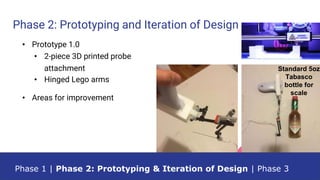 Phase 2: Prototyping and Iteration of Design
Standard 5oz
Tabasco
bottle for
scale
Phase 1 | Phase 2: Prototyping & Iteration of Design | Phase 3
• Prototype 1.0
• 2-piece 3D printed probe
attachment
• Hinged Lego arms
• Areas for improvement
 
