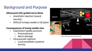 Background and Purpose
Ultrasound (US) guided nerve block
• Anesthetic injection toward
nerve(s)
• Difficult to keep needle in US plane
G.E. Healthcare
Source: Dartmouth-Hitchcock Medical Center
Consequences of losing needle view
• Inadvertent needle puncture
o Pneumothorax
o Nerve damage
• Intravascular injection
o Local anesthetic systemic
toxicity
 