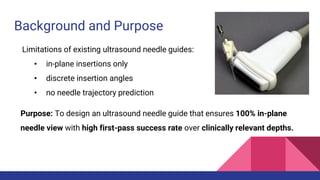 Background and Purpose
Limitations of existing ultrasound needle guides:
• in-plane insertions only
• discrete insertion angles
• no needle trajectory prediction
Purpose: To design an ultrasound needle guide that ensures 100% in-plane
needle view with high first-pass success rate over clinically relevant depths.
 