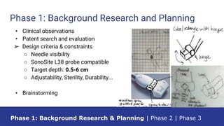 Phase 1: Background Research and Planning
Phase 1: Background Research & Planning | Phase 2 | Phase 3
• Clinical observations
• Patent search and evaluation
➢ Design criteria & constraints
○ Needle visibility
○ SonoSite L38 probe compatible
○ Target depth: 0.5-6 cm
○ Adjustability, Sterility, Durability...
• Brainstorming
 