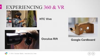 EXPERIENCING 360 & VR
© 2016 3xScreen Media – innovative live video
Occulus Rift
HTC  Vive
Google  Cardboard
 