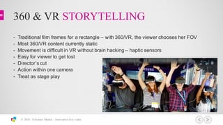 360 & VR STORYTELLING
© 2016 3xScreen Media – innovative live video
-­ Traditional  film  frames  for  a  rectangle  – with  360/VR,  the  viewer  chooses  her  FOV
-­ Most  360/VR  content  currently  static
-­ Movement  is  difficult  in  VR  without  brain  hacking  – haptic  sensors
-­ Easy  for  viewer  to  get  lost
-­ Director’s  cut
-­ Action  within  one  camera
-­ Treat  as  stage  play
 