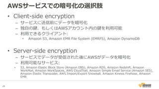 29
• Client-side encryption
– サービスに送信前にデータを暗号化
– 独自の鍵、もしくはAWSアカウント内の鍵を利用可能
– 利用できるクライアント:
• Amazon S3, Amazon EMR File System (EMRFS), Amazon DynamoDB
• Server-side encryption
– サービスでデータが受信された後にAWSがデータを暗号化
– 利用可能なサービス:
• S3, Amazon Elastic Block Store (Amazon EBS), Amazon RDS, Amazon Redshift, Amazon
WorkMail, Amazon WorkSpaces, AWS CloudTrail, Amazon Simple Email Service (Amazon SES),
Amazon Elastic Transcoder, AWS Import/Export Snowball, Amazon Kinesis Firehose, Amazon
EMR
AWSサービスでの暗号化の選択肢
 
