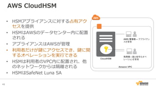 43
AWS CloudHSM
• HSMアプライアンスに対する占有アク
セスを提供
• HSMはAWSのデータセンター内に配置
される
• アプライアンスはAWSが管理
• 利用者だけが鍵にアクセスでき、鍵に関
するオペレーションを実行できる
• HSMは利用者のVPC内に配置され、他
のネットワークからは隔離される
• HSMはSafeNet Luna SA
CloudHSM
AWS 管理者— アプライアン
スを管理
利用者—鍵と暗号化オペ
レーションを管理
Amazon VPC
 