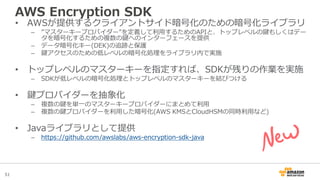 51
AWS Encryption SDK
• AWSが提供するクライアントサイド暗号化のための暗号化ライブラリ
– ”マスターキープロバイダー”を定義して利用するためのAPIと、トップレベルの鍵もしくはデー
タを暗号化するための複数の鍵へのインターフェースを提供
– データ暗号化キー(DEK)の追跡と保護
– 鍵アクセスのための低レベルの暗号化処理をライブラリ内で実施
• トップレベルのマスターキーを指定すれば、SDKが残りの作業を実施
– SDKが低レベルの暗号化処理とトップレベルのマスターキーを結びつける
• 鍵プロバイダーを抽象化
– 複数の鍵を単一のマスターキープロバイダーにまとめて利用
– 複数の鍵プロバイダーを利用した暗号化(AWS KMSとCloudHSMの同時利用など)
• Javaライブラリとして提供
– https://github.com/awslabs/aws-encryption-sdk-java
 