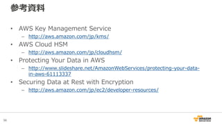 56
参考資料
• AWS Key Management Service
– http://aws.amazon.com/jp/kms/
• AWS Cloud HSM
– http://aws.amazon.com/jp/cloudhsm/
• Protecting Your Data in AWS
– http://www.slideshare.net/AmazonWebServices/protecting-your-data-
in-aws-61113337
• Securing Data at Rest with Encryption
– http://aws.amazon.com/jp/ec2/developer-resources/
 