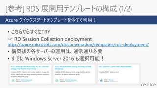 [参考] RDS 展開用テンプレートの構成 (1/2)
• こちらからすぐにTRY
☞ RD Session Collection deployment
http://azure.microsoft.com/documentation/templates/rds-deployment/
• 構築後の各サーバーの運用は、通常通り必要
• すでに Windows Server 2016 も選択可能！
Azure クイックスタートテンプレートを今すぐ利用！
 
