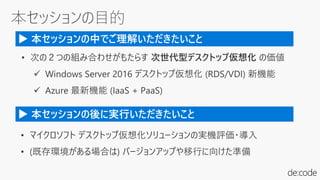 本セッションの目的
• 次の２つの組み合わせがもたらす 次世代型デスクトップ仮想化 の価値
✓ Windows Server 2016 デスクトップ仮想化 (RDS/VDI) 新機能
✓ Azure 最新機能 (IaaS + PaaS)
▶ 本セッションの中でご理解いただきたいこと
• マイクロソフト デスクトップ仮想化ソリューションの実機評価・導入
• (既存環境がある場合は) バージョンアップや移行に向けた準備
▶ 本セッションの後に実行いただきたいこと
 