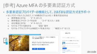 • 多要素認証プロバイダーの機能として、さまざまな認証方式をサポート
[参考] Azure MFA の多要素認証方式
 