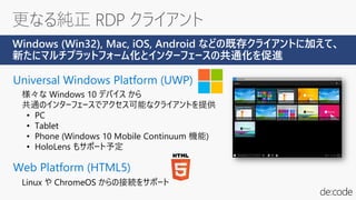Universal Windows Platform (UWP)
様々な Windows 10 デバイス から
共通のインターフェースでアクセス可能なクライアントを提供
• PC
• Tablet
• Phone (Windows 10 Mobile Continuum 機能)
• HoloLens もサポート予定
Web Platform (HTML5)
Windows (Win32), Mac, iOS, Android などの既存クライアントに加えて、
新たにマルチプラットフォーム化とインターフェースの共通化を促進
Linux や ChromeOS からの接続をサポート
 