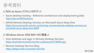 http://aka.ms/RDSonAzure
https://mva.microsoft.com/en-us/training-courses/remote-desktop-services-on-
microsoft-azure-deep-dive-8409
https://technet.microsoft.com/en-us/library/mt718499.aspx
https://blogs.msdn.microsoft.com/rds/
 