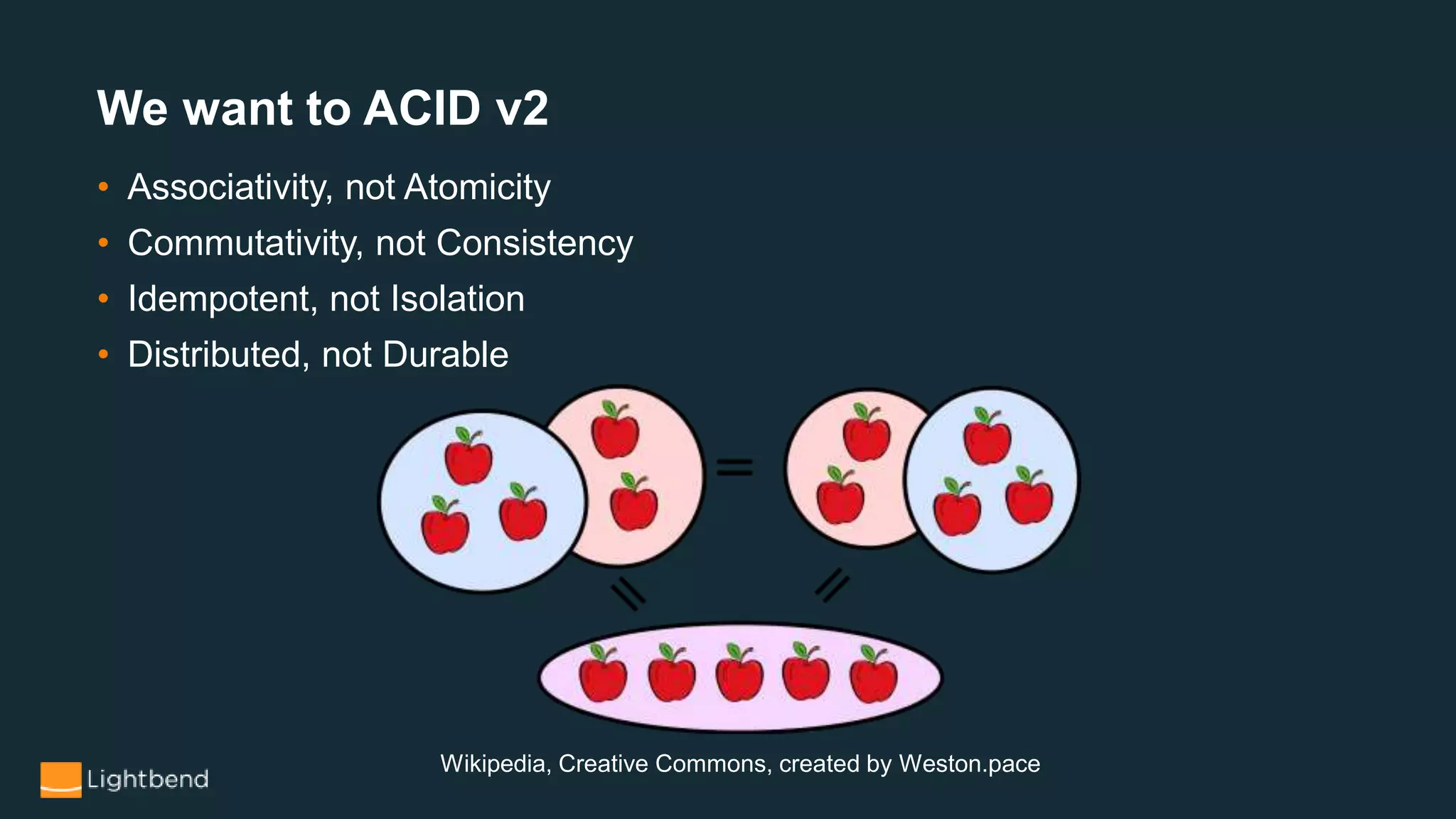 We want to ACID v2
• Associativity, not Atomicity
• Commutativity, not Consistency
• Idempotent, not Isolation
• Distributed, not Durable
Wikipedia, Creative Commons, created by Weston.pace
 