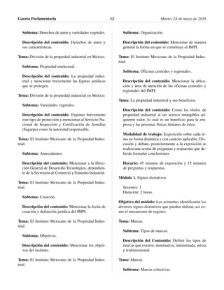 Subtema: Derechos de autor y variedades vegetales.
Descripción del contenido: Derechos de autor y
sus características.
Tema: División de la propiedad industrial en México.
Subtema: Propiedad intelectual.
Descripción del contenido: La propiedad indus-
trial y mencionar brevemente las figuras jurídicas
que se protegen.
Tema: División de la propiedad industrial en México.
Subtema: Variedades vegetales.
Descripción del contenido: Exponer brevemente
este tipo de protección y mencionar al Servicio Na-
cional de Inspección y Certificación de Semillas
(Sagarpa) como la autoridad responsable.
Tema: El Instituto Mexicano de la Propiedad Indus-
trial.
Subtema: Antecedentes.
Descripción del contenido: Mencionar a la Direc-
ción General de Desarrollo Tecnológico, dependien-
te de la Secretaría de Comercio y Fomento Industrial.
Tema: El Instituto Mexicano de la Propiedad Indus-
trial.
Subtema: Creación.
Descripción del contenido: Mencionar la fecha de
creación y definición jurídica del IMPI.
Tema: El Instituto Mexicano de la Propiedad Indus-
trial.
Subtema: Objetivos.
Descripción del contenido: Mencionar los objeti-
vos del instituto.
Tema: El Instituto Mexicano de la Propiedad Indus-
trial.
Subtema: Organización.
Descripción del contenido: Mencionar de manera
general la forma en que se constituye el IMPI.
Tema: El Instituto Mexicano de la Propiedad Indus-
trial.
Subtema: Oficinas centrales y regionales.
Descripción del contenido: Mencionar la ubica-
ción y área de atención de las oficinas centrales y
regionales del IMPI.
Tema: La propiedad industrial y sus beneficios.
Descripción del contenido: Como los títulos de
propiedad industrial al ser activos intangibles ad-
quieren valor, lo cual es un beneficio para la em-
presa y las personas físicas titulares de éstos.
Modalidad de trabajo: Exposición sobre cada te-
ma en forma dinámica y con carácter aplicable. Dis-
cusión y debate, posteriormente a la exposición se
realiza una sesión de preguntas y respuestas que de-
berán formular conclusiones.
Horario: 45 minutos de exposición y 15 minutos
de preguntas y respuestas.
Módulo 1. Signos distintivos
Sesiones: 1
Duración: 2 horas.
Objetivo del módulo: Los asistentes identificarán los
diversos signos distintivos que pueden utilizar, así co-
mo el mecanismo de registro.
Tema: Marcas.
Subtema: Tipos de marcas.
Descripción del Contenido: Definir los tipos de
marcas que existen: nominativa, innominada, mixta
y tridimensional.
Tema: Marcas.
Subtema: Marcas colectivas.
Gaceta Parlamentaria Martes 24 de mayo de 201612
 