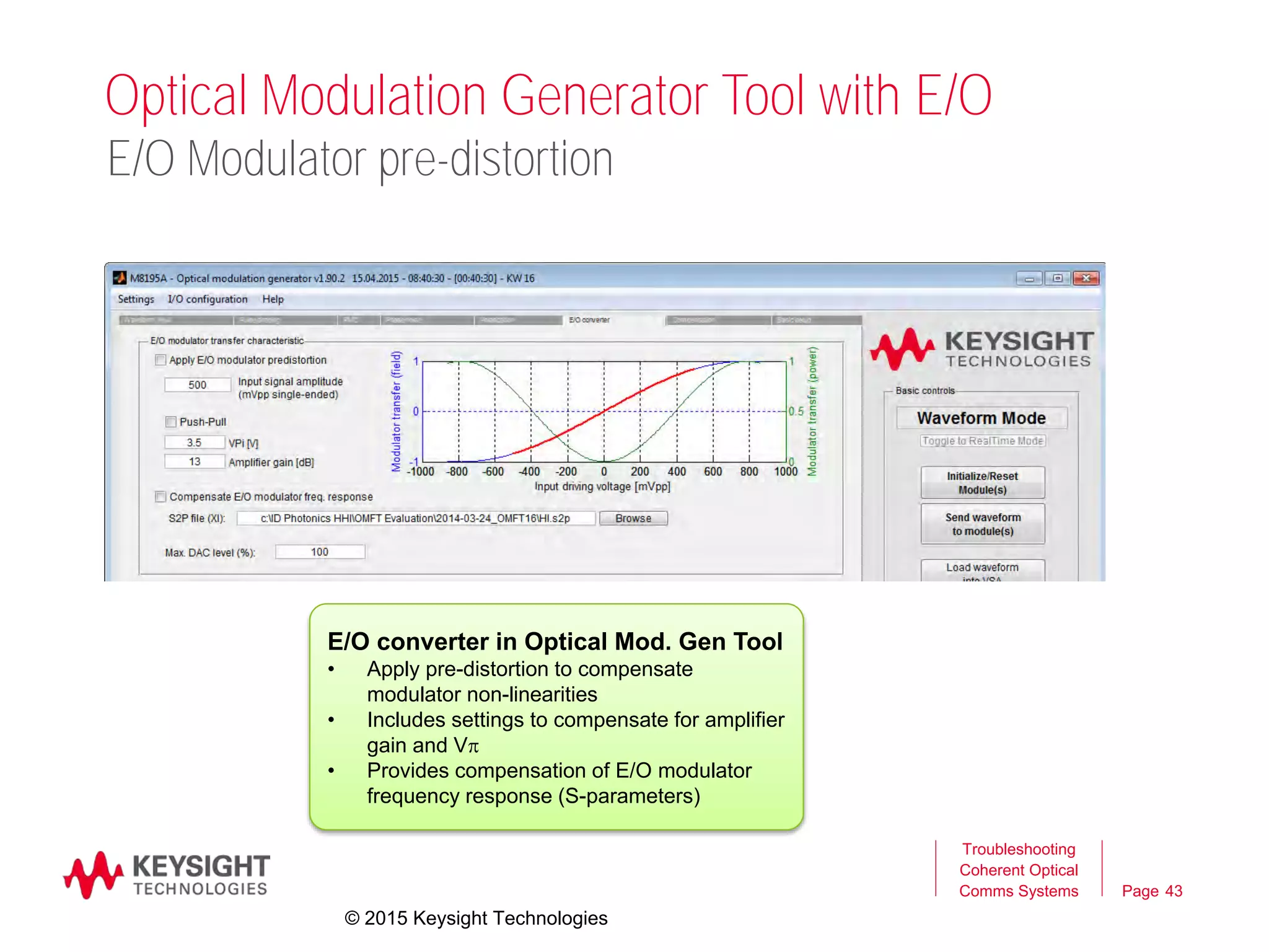 Page
Optical Modulation Generator Tool with E/O
Troubleshooting
Coherent Optical
Comms Systems 43
E/O Modulator pre-distortion
E/O converter in Optical Mod. Gen Tool
• Apply pre-distortion to compensate
modulator non-linearities
• Includes settings to compensate for amplifier
gain and Vp
• Provides compensation of E/O modulator
frequency response (S-parameters)
© 2015 Keysight Technologies
 