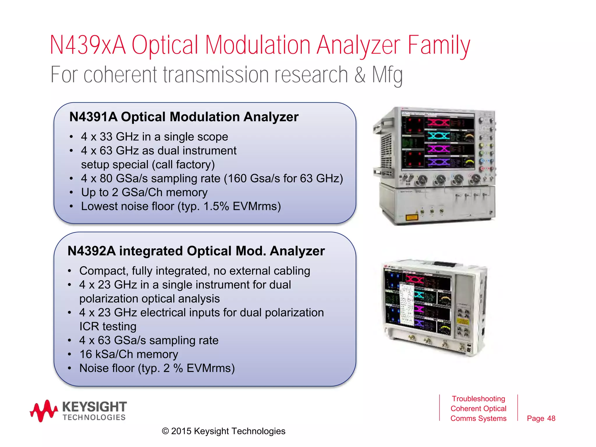 Page
N439xA Optical Modulation Analyzer Family
N4391A Optical Modulation Analyzer
• 4 x 33 GHz in a single scope
• 4 x 63 GHz as dual instrument
setup special (call factory)
• 4 x 80 GSa/s sampling rate (160 Gsa/s for 63 GHz)
• Up to 2 GSa/Ch memory
• Lowest noise floor (typ. 1.5% EVMrms)
Troubleshooting
Coherent Optical
Comms Systems 48
For coherent transmission research & Mfg
N4392A integrated Optical Mod. Analyzer
• Compact, fully integrated, no external cabling
• 4 x 23 GHz in a single instrument for dual
polarization optical analysis
• 4 x 23 GHz electrical inputs for dual polarization
ICR testing
• 4 x 63 GSa/s sampling rate
• 16 kSa/Ch memory
• Noise floor (typ. 2 % EVMrms)
© 2015 Keysight Technologies
 