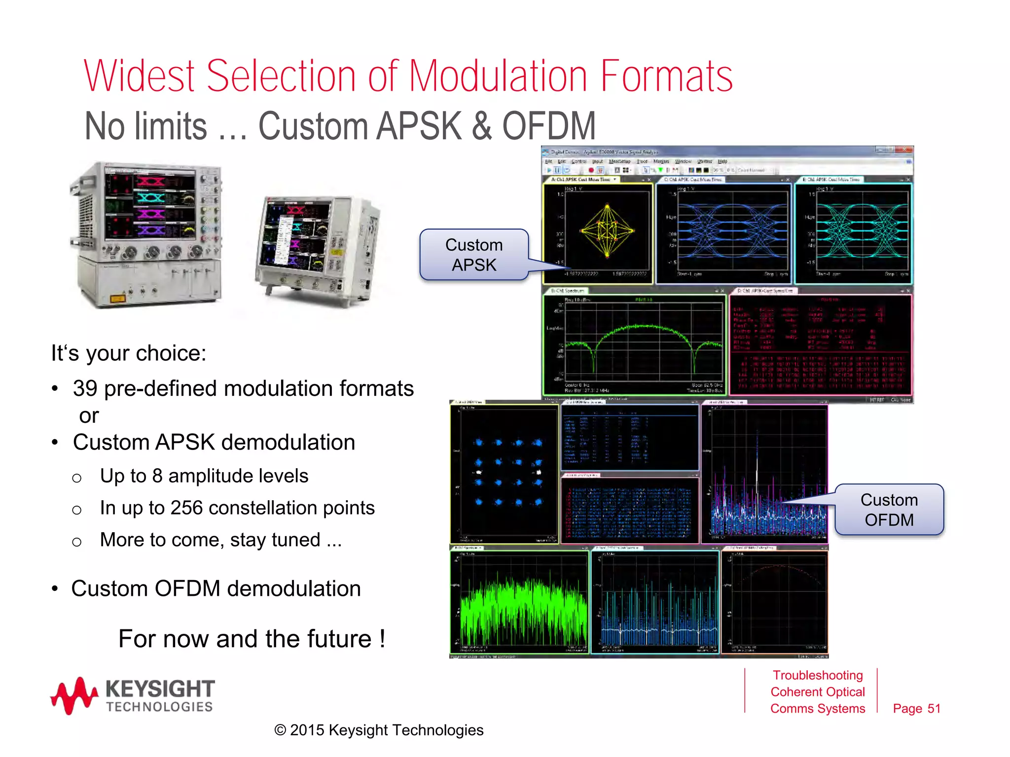 Page
Widest Selection of Modulation Formats
Troubleshooting
Coherent Optical
Comms Systems 51
No limits … Custom APSK & OFDM
It‘s your choice:
• 39 pre-defined modulation formats
or
• Custom APSK demodulation
o Up to 8 amplitude levels
o In up to 256 constellation points
o More to come, stay tuned ...
• Custom OFDM demodulation
For now and the future !
© 2015 Keysight Technologies
Custom
APSK
Custom
OFDM
 