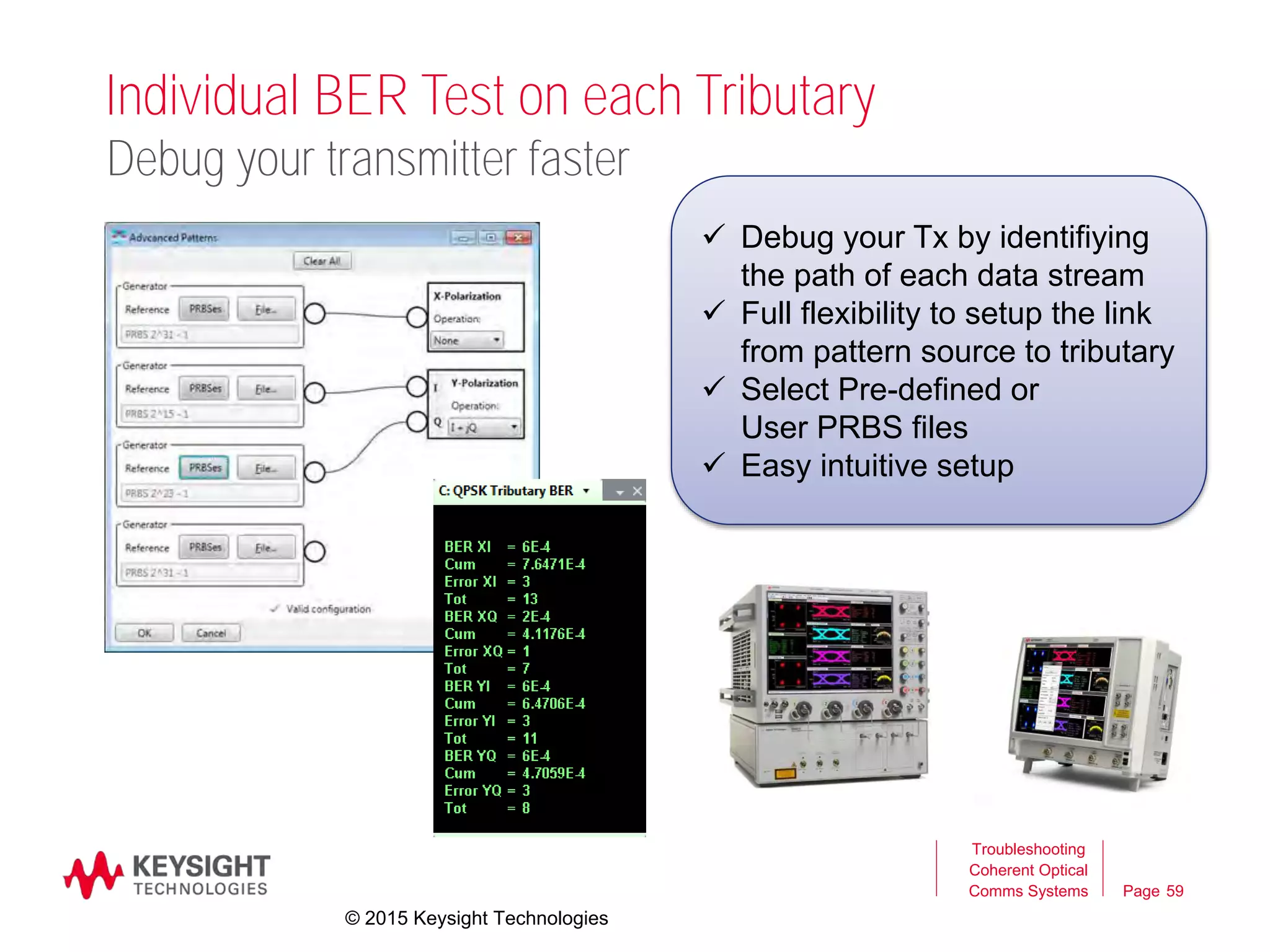 Page
 Debug your Tx by identifiying
the path of each data stream
 Full flexibility to setup the link
from pattern source to tributary
 Select Pre-defined or
User PRBS files
 Easy intuitive setup
Individual BER Test on each Tributary
Troubleshooting
Coherent Optical
Comms Systems 59
Debug your transmitter faster
© 2015 Keysight Technologies
 