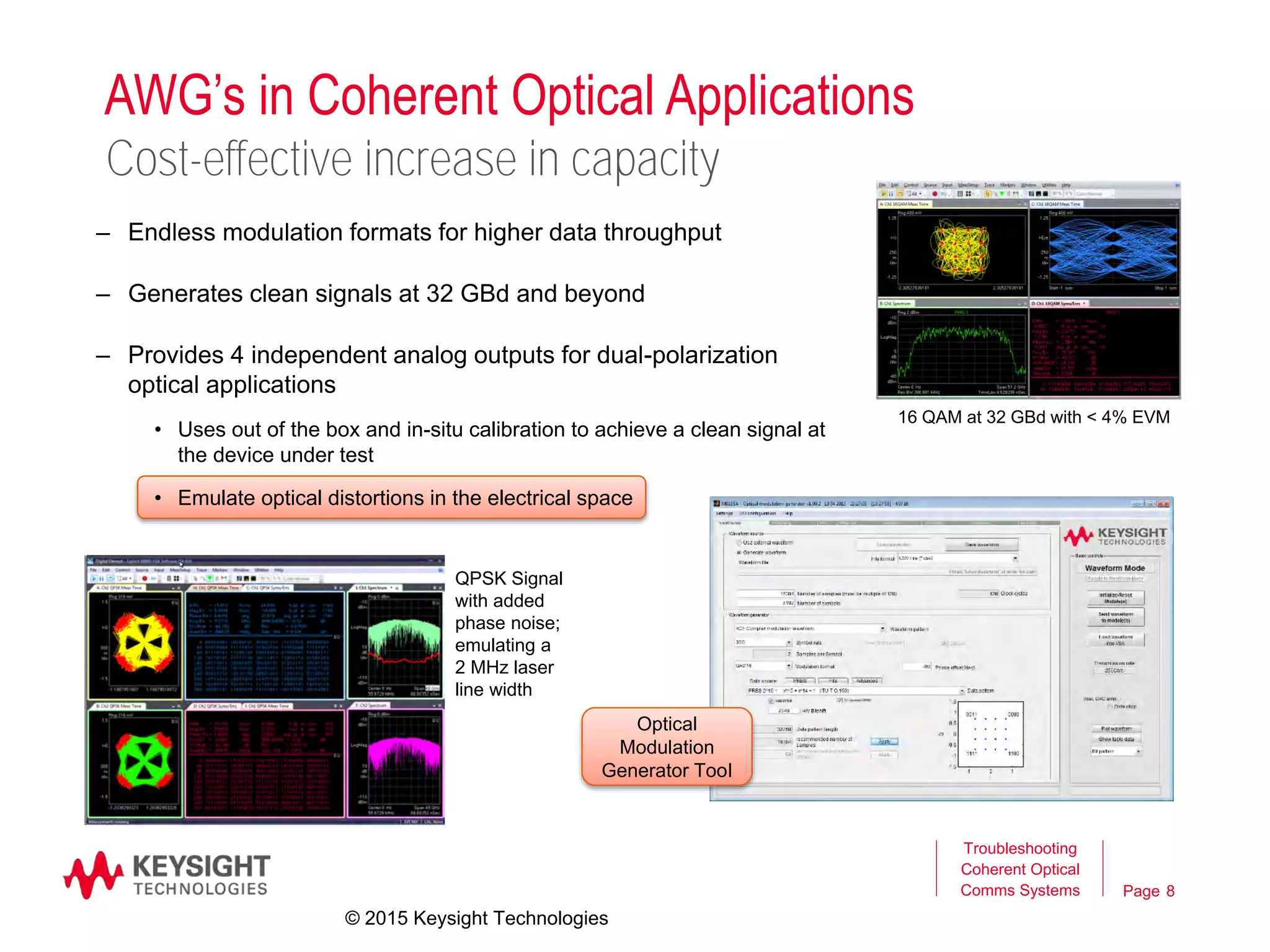 Page
AWG’s in Coherent Optical Applications
– Endless modulation formats for higher data throughput
– Generates clean signals at 32 GBd and beyond
– Provides 4 independent analog outputs for dual-polarization
optical applications
• Uses out of the box and in-situ calibration to achieve a clean signal at
the device under test
• Emulate optical distortions in the electrical space
8
Cost-effective increase in capacity
16 QAM at 32 GBd with < 4% EVM
QPSK Signal
with added
phase noise;
emulating a
2 MHz laser
line width
Troubleshooting
Coherent Optical
Comms Systems
Optical
Modulation
Generator TooI
© 2015 Keysight Technologies
 