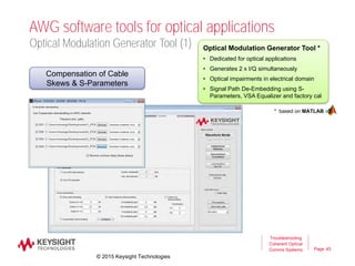 Page
AWG software tools for optical applications
45
Troubleshooting
Coherent Optical
Comms Systems
Optical Modulation Generator Tool *
• Dedicated for optical applications
• Generates 2 x I/Q simultaneously
• Optical impairments in electrical domain
• Signal Path De-Embedding using S-
Parameters, VSA Equalizer and factory cal
* based on MATLAB
Optical Modulation Generator Tool (1)
Compensation of Cable
Skews & S-Parameters
© 2015 Keysight Technologies
 