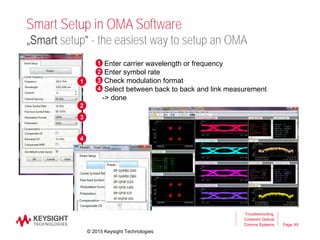 Page
Smart Setup in OMA Software
Troubleshooting
Coherent Optical
Comms Systems 49
„Smart setup“ - the easiest way to setup an OMA
0 Enter carrier wavelength or frequency
Enter symbol rate
Check modulation format
Select between back to back and link measurement
-> done
1
2
3
4
1
2
3
4
© 2015 Keysight Technologies
 