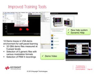 Page
Improved Training Tools
Troubleshooting
Coherent Optical
Comms Systems 61
12 Demo traces in VSA demo
environment for self paced learning
 32 GBd demo files measured at
5 power levels
 Selection of 5 generic files with
various modulation formats
 Selection of PAM 4 recordings
 New help system
 Dynamic Help
 Demo Video
© 2015 Keysight Technologies
 