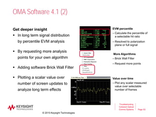 Page
OMA Software 4.1 (2)
Get deeper insight
 In long term signal distribution
by percentile EVM analysis
 By requesting more analysis
points for your own algorithm
 Adding software Brick Wall Filter
 Plotting a scalar value over
number of screen updates to
analyze long term effects
EVM percentile
– Calculate the percentile of
a selectable hit ratio
– Resolved to polarization
plane or full signal
Troubleshooting
Coherent Optical
Comms Systems 63
More Algorithms
– Brick Wall Filter
– Request more points
Value over time
– Plot any scalar measured
value over selectable
number of frames
© 2015 Keysight Technologies
 