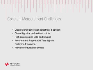 Coherent Measurement Challenges
• Clean Signal generation (electrical & optical)
• Clean Signal at defined test points
• High datarates 32 GBd and beyond
• Accurate and Repeatable Test Signals
• Distortion Emulation
• Flexible Modulation Formats
 