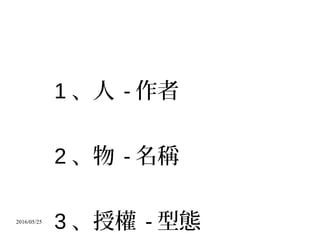 2016/05/25
1 、人 - 作者
2 、物 - 名稱
3 、授權 - 型態
 