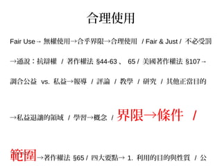 2016/05/25
合理使用
Fair Use→ 無權使用→合乎界限→合理使用 / Fair & Just / 不必受罰
→通說：抗辯權 / 著作權法 §44-63 、 65 / 美國著作權法 §107→
調合公益 vs. 私益→報導 / 評論 / 教學 / 研究 / 其他正當目的
→私益退讓的領域 / 學習→概念 / 界限→條件 /
範圍→著作權法 §65 / 四大要點→ 1. 利用的目的與性質 / 公
 