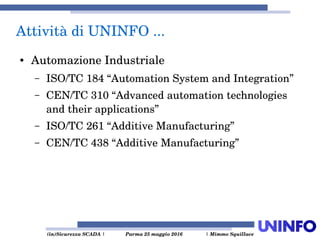  (in)Sicurezza SCADA | Parma 25 maggio 2016  | Mimmo Squillace
Attività di UNINFO ... 
● Automazione Industriale
– ISO/TC 184 “Automation System and Integration”
– CEN/TC 310 “Advanced automation technologies 
and their applications”
– ISO/TC 261 “Additive Manufacturing”
– CEN/TC 438 “Additive Manufacturing”
 