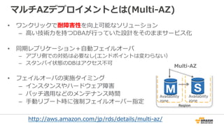 マルチAZデプロイメントとは(Multi-‐‑‒AZ)
•  ワンクリックで耐障害性を向上可能なソリューション
–  ⾼高い技術⼒力力を持つDBAが⾏行行っていた設計をそのままサービス化
•  同期レプリケーション＋⾃自動フェイルオーバ
–  アプリ側での対処は必要なし(エンドポイントは変わらない）
–  スタンバイ状態のDBはアクセス不不可
•  フェイルオーバの実施タイミング
–  インスタンスやハードウェア障害
–  パッチ適⽤用などのメンテナンス時間
–  ⼿手動リブート時に強制フェイルオーバー指定
http://aws.amazon.com/jp/rds/details/multi-‐‑‒az/
Region
Multi-‐‑‒AZ
Availability  
zone
Availability  
zone
 