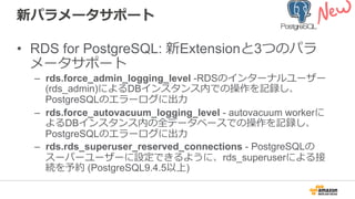 新パラメータサポート
•  RDS for PostgreSQL: 新Extensionと3つのパラ
メータサポート
–  rds.force_admin_logging_level -RDSのインターナルユーザー
(rds_admin)によるDBインスタンス内での操作を記録し、
PostgreSQLのエラーログに出⼒力力
–  rds.force_autovacuum_logging_level - autovacuum workerに
よるDBインスタンス内の全データベースでの操作を記録し、
PostgreSQLのエラーログに出⼒力力
–  rds.rds_superuser_reserved_connections - PostgreSQLの
スーパーユーザーに設定できるように、rds_superuserによる接
続を予約 (PostgreSQL9.4.5以上)
 