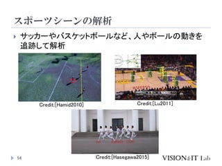 スポーツシーンの解析
54
 サッカーやバスケットボールなど、人やボールの動きを
追跡して解析
Credit:[Hasegawa2015]
Credit:[Lu2011]Credit:[Hamid2010]
 
