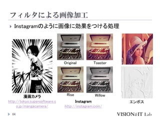 フィルタによる画像加工
64
 Instagramのように画像に効果をつける処理
漫画カメラ
http://tokyo.supersoftware.c
o.jp/mangacamera/
Instagram
http://instagram....
