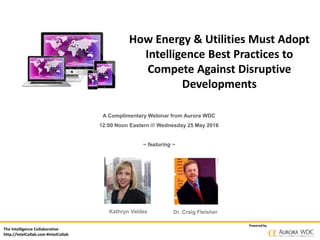 The Intelligence Collaborative
http://IntelCollab.com #IntelCollab
Powered by
How Energy & Utilities Must Adopt
Intelligence Best Practices to
Compete Against Disruptive
Developments
A Complimentary Webinar from Aurora WDC
12:00 Noon Eastern /// Wednesday 25 May 2016
~ featuring ~
Kathryn Valdez Dr. Craig Fleisher
 