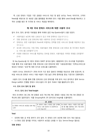 10
즉, 신생 핀테크 기업은 기존 금융권 서비스의 개선 및 발전 보다는 Trend, 아이디어, 고객의
Needs를 바탕으로 한 새로운 금융 플랫폼을 제시해야 한다. 이를 통해 Latest Data를 확보하고 고
객의 신뢰를 쌓은 후 다각화 된 서비스 제공을 해야한다.
제 4장 국내 핀테크 서비스에 대한 사용자 조사
앞서 조사, 정리, 분석한 자료들을 통해 아래와 같은 Key Question들이 도출 되었다.
 사용자들은 보안에 대한 신뢰도가 있고 이에 만족하고 있는가? (1-1.)
 전통 핀테크와 신생 핀테크에 대한 사용자의 인식은 어떠한가? (2-1.)
 핀테크는 과연 사용자들의 Needs에 부합하는 만족할 만한 서비스와 정보를 제공하고 있는
가? (2-3.)
 유사한 서비스라는 가정 하에, 사용자들은 전통 핀테크와 신생 핀테크 중 어디에서 제공하
는 서비스를 선호할까? (2-4)
 다양한 유형으로 서비스를 제공하는 모바일 핀테크. 사용자들은 어떠한 유형을 선호할까?
(2-4.)
위 Key Question을 위 3번의 핀테크 SWOT 분석과 함께 그룹핑하여 인식 조사지를 작성하였다.
이를 통해 국내 사용자들의 전통 핀테크와 신생 핀테크에 대한 “사용성(편리함)”, “만족도(서비스와
정보의 다양성)”, “보안”에 대한 인식과 선호도를 도출하였다.
사용자 조사는 2016.05.27~ 2016. 05.30 기간 동안 일반인 100명을 대상으로 진행 되었으며, 모
바일 서비스와 핀테크 서비스 이용 비율이 가장 높은 20대 중후반을 중심 기준으로 진행하였다.
사용자 인식 조사를 통해 전통 핀테크와 신생 핀테크를 자체 분석, 비교 분석하고 향후 Service
Design Lab에서 진행할 핀테크 서비스들의 1차 참조 자료로 이를 활용하고자 한다.
4-1. 인식 조사 정리 및 분석
4-1-1. 인식 조사 Total Insight
위의 조사에서 1번, 2번, 3번 문항은 보안. 7번, 8번, 9번, 문항은 사용성. 3번, 4번, 5번 문항은 만
족도에 관한 질문이었다. 이를 Grouping하여 2차 분석으로 Insight를 도출하였다.
[A. 보안]
1. 핀테크 서비스의 보안을 신뢰 하십
니까?
2. 핀테크 사용시 다양한 인증 단계를
거치고 나면 보안이 더 안전하다고
느껴 지십니까?
6. 핀테크 사용시, 다양한 인증 방법
중 몇 개를 인증하는 것이 가장 편리
하다고 생각하십니까?
Total
• 안전에 대한 긍 부정 편차가 크지 않아, 두 핀테크 모두 보안에 대한 인식 개선 필요성.
• 1~2개의 인증 절차를 거치되, 사용자가 보안을 신뢰할 수 있는 Service Design 필요성.
전통 핀테크
 
