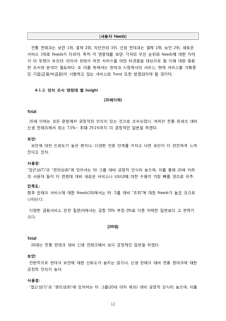 12
[사용자 Needs]
전통 핀테크는 보안 1위, 결제 2위, 자산관리 3위. 신생 핀테크는 결제 1위, 보안 2위, 새로운
서비스 3위로 Needs가 다르다. 특히 각 연령대를 보면, 각자의 우선 순위와 Needs에 대한 차이
가 더 뚜렷이 보인다. 따라서 핀테크 어떤 서비스를 어떤 타겟층을 대상으로 할 지에 대한 충분
한 조사와 분석이 필요하다. 또 이를 위해서는 핀테크 시장에서의 서비스, 현재 서비스를 기획중
인 기업(금융/비금융)이 시행하고 있는 서비스와 Trend 또한 반영되어야 할 것이다.
4-1-2. 인식 조사 연령대 별 Insight
[20세이하]
Total:
20세 이하는 모든 문항에서 긍정적인 인식이 있는 것으로 조사되었다. 하지만 전통 핀테크 대비
신생 핀테크에서 최소 7.5%~ 최대 29.1%까지 더 긍정적인 답변을 하였다.
보안:
보안에 대한 신뢰도가 높은 편이나, 다양한 인증 단계를 거치고 나면 보안이 더 안전하게 느껴
진다고 인식.
사용성:
“접근성(7)”과 “편의성(8)”에 있어서는 타 그룹 대비 긍정적 인식이 높으며, 이를 통해 20세 이하
의 사용자 들이 타 연령대 대비 새로운 서비스나 UX/UI에 대한 수용이 가장 빠를 것으로 유추.
만족도:
향후 핀테크 서비스에 대한 Needs(10)에서는 타 그룹 대비 “조회”에 대한 Needs가 높은 것으로
나타난다.
다양한 금융서비스 관련 질문(4)에서는 긍정 70% 부정 0%로 다른 어떠한 답변보다 그 편차가
크다.
[20대]
Total:
20대는 전통 핀테크 대비 신생 핀테크에서 보다 긍정적인 답변을 하였다.
보안:
전반적으로 핀테크 보안에 대한 신뢰도가 높지는 않으나, 신생 핀테크 대비 전통 핀테크에 대한
긍정적 인식이 높다.
사용성:
“접근성(7)”과 “편의성(8)”에 있어서는 타 그룹(20세 이하 제외) 대비 긍정적 인식이 높으며, 이를
 