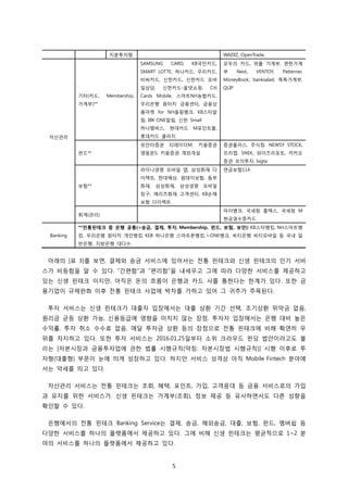 5
지분투자형 WADIZ, OpenTrade,
자산관리
기타(카드, Membership,
가계부)**
SAMSUNG CARD, KB국민카드,
SMART LOTTE, 하나카드, 우리카드,
비씨카드, 신한카드, 신한카드 모바
일상담, 신한카드-올댓쇼핑, Citi
Cards Mobile, 스마트NH농협카드,
우리은행 원터치 금융센터, 금융상
품마켓 for NH올원뱅크, KB스타알
림, IBK ONE알림, 신한 Smail
하나멤버스, 현대카드 M포인트몰,
롯데카드 클러치
모두의 카드, 위플 가계부, 편한가계
부 Next, VENTOY, Patterner,
MoneyBook, banksalad, 똑똑가계부,
QLIP
펀드**
유안타증권 티레이더M, 키움증권
영웅문S, 키움증권 계좌개설
증권플러스, 주식창, NEWSY STOCK,
프리캡, SNEK, 와이즈리포트, 카카오
증권 모의투자, bigta
보험**
라이나생명 모바일 앱, 삼성화재 다
이렉트, 현대해상, 원데이보험, 동부
화재, 삼성화재, 삼성생명 모바일
창구, 메리츠화재 고객센터, KB손해
보험 다이렉트
연금보험114
회계(관리)
마이뱅크, 국세청 홈택스, 국세청 M
현금영수증카드
Banking
**전통핀테크 중 은행 공통(=송금, 결제, 투자, Membership, 펀드, 보험, 보안): KB스타뱅킹, NH스마트뱅
킹, 우리은행 원터치 개인뱅킹, KEB 하나은행 스마트폰뱅킹, i-ONE뱅크, 씨티은행 씨티모바일 등 국내 일
반은행, 지방은행 대다수.
아래의 [표 3]를 보면, 결제와 송금 서비스에 있어서는 전통 핀테크와 신생 핀테크의 인기 서비
스가 비등함을 알 수 있다. “간편함”과 “편리함”을 내세우고 그에 따라 다양한 서비스를 제공하고
있는 신생 핀테크 이지만, 아직은 돈의 흐름이 은행과 카드 사를 통한다는 한계가 있다. 또한 금
융기업이 규제완화 이후 전통 핀테크 사업에 박차를 가하고 있어 그 귀추가 주목된다.
투자 서비스는 신생 핀테크가 대출자 입장에서는 대출 상환 기간 선택, 조기상환 위약금 없음,
원리금 균등 상환 가능, 신용등급에 영향을 미치지 않는 장점. 투자자 입장에서는 은행 대비 높은
수익률, 투자 취소 수수료 없음, 매달 투자금 상환 등의 장점으로 전통 핀테크에 비해 확연히 우
위를 차지하고 있다. 또한 투자 서비스는 2016.01.25일부터 소위 크라우드 펀딩 법안이라고도 불
리는 [자본시장과 금융투자업에 관한 법률 시행규칙(약칭: 자본시장법 시행규칙)] 시행 이후로 투
자형(대출형) 부문이 눈에 띄게 성장하고 있다. 하지만 서비스 성격상 아직 Mobile Fintech 분야에
서는 약세를 띄고 있다.
자산관리 서비스는 전통 핀테크는 조회, 혜택, 포인트, 가입, 고객응대 등 금융 서비스로의 가입
과 유지를 위한 서비스가. 신생 핀테크는 가계부(조회), 정보 제공 등 유사하면서도 다른 성향을
확인할 수 있다.
은행에서의 전통 핀테크 Banking Service는 결제, 송금, 해외송금, 대출, 보험, 펀드, 멤버쉽 등
다양한 서비스를 하나의 플랫폼에서 제공하고 있다. 그에 비해 신생 핀테크는 평균적으로 1~2 분
야의 서비스를 하나의 플랫폼에서 제공하고 있다.
 