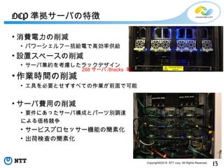 13Copyright©2016 NTT corp. All Rights Reserved.
• 消費電力の削減
• パワーシェルフ一括給電で高効率供給
• 設置スペースの削減
• サーバ集約を考慮したラックデザイン
•作業時間の削減
• 工具を必要とせずすべての作業が前面で可能
• サーバ費用の削減
• 要件にあったサーバ構成とパーツ別調達
による価格競争
• サービスプロセッサー機能の簡素化
• 出荷検査の簡素化
OCP 準拠サーバの特徴
288 サーバ /8racks 等
 