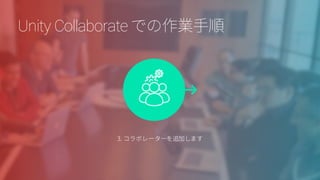 いつでも同期 チームの作業がすぐにわかる一緒に作る
あなたのプロジェクトはクラウドホスト
型なので、あなたがどこにいても、常
に チームとともに最新状態を維持し
ます。
Unity Cloud Build でより高速なチー
ムとなった。エディターで正しい共同
開発者（コラボレーター）を招待し、
一緒に作業を開始します。
チーム全体で簡単に使えます –
アーティスト、QA、そう、だれでも、自
信を持ってプロジェクトに入れます。
シームレスな連携でチーム開発
Unity Collaborate
 