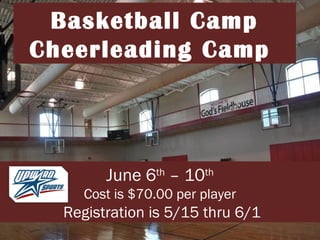 June 6th
– 10th
Cost is $70.00 per player
Registration is 5/15 thru 6/1
Basketball Camp
Cheerleading Camp