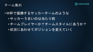 •W杯で優勝するサッカーチームのような
•サッカーうまいのは当たり前
• チームプレイヤーか？チームスタイルにあうか？
•状況にあわせてポジションを変えていく
チーム集め
 