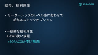 • リーダーシップのレベル感にあわせて
給与＆ストックオプション
• 一般的な福利厚生
+ AWS使い放題
給与、福利厚生
+SORACOM使い放題
 