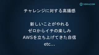 チャレンジに対する高揚感
新しいことがやれる
ゼロからイチの楽しみ
AWSを立ち上げてきた自信
etc...
 