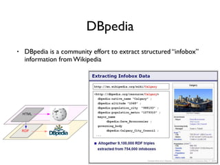 DBpedia
• DBpedia is a community effort to extract structured “infobox”
information from Wikipedia
 